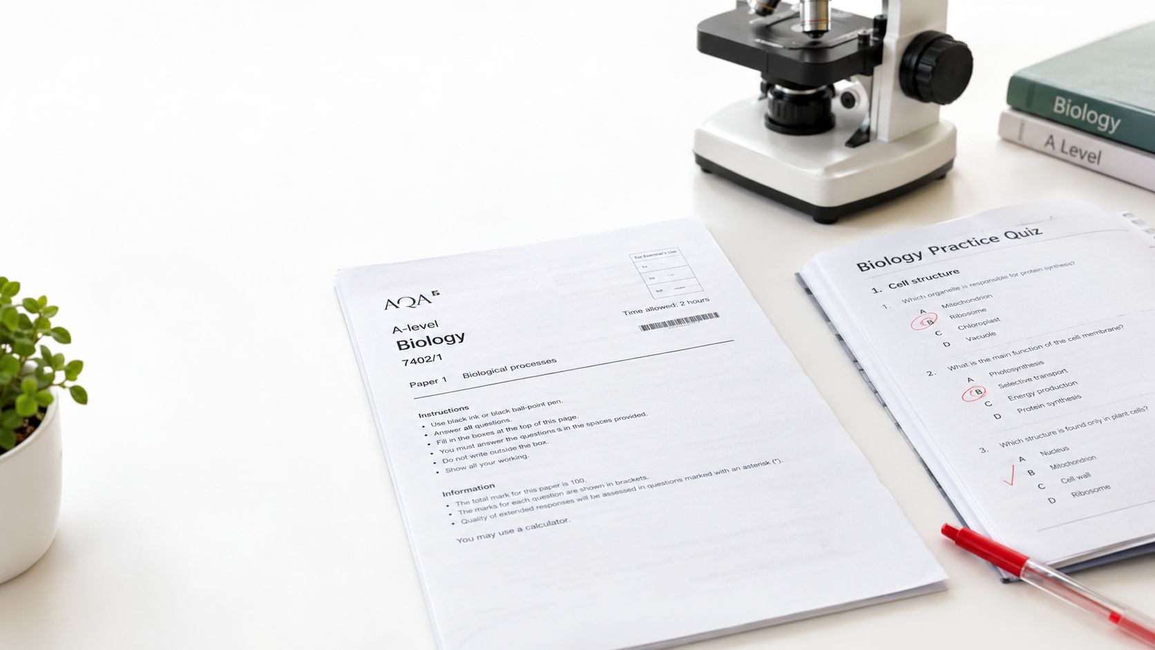 An A-level biology exam paper and practice quiz lying on a white desk next to a microscope.