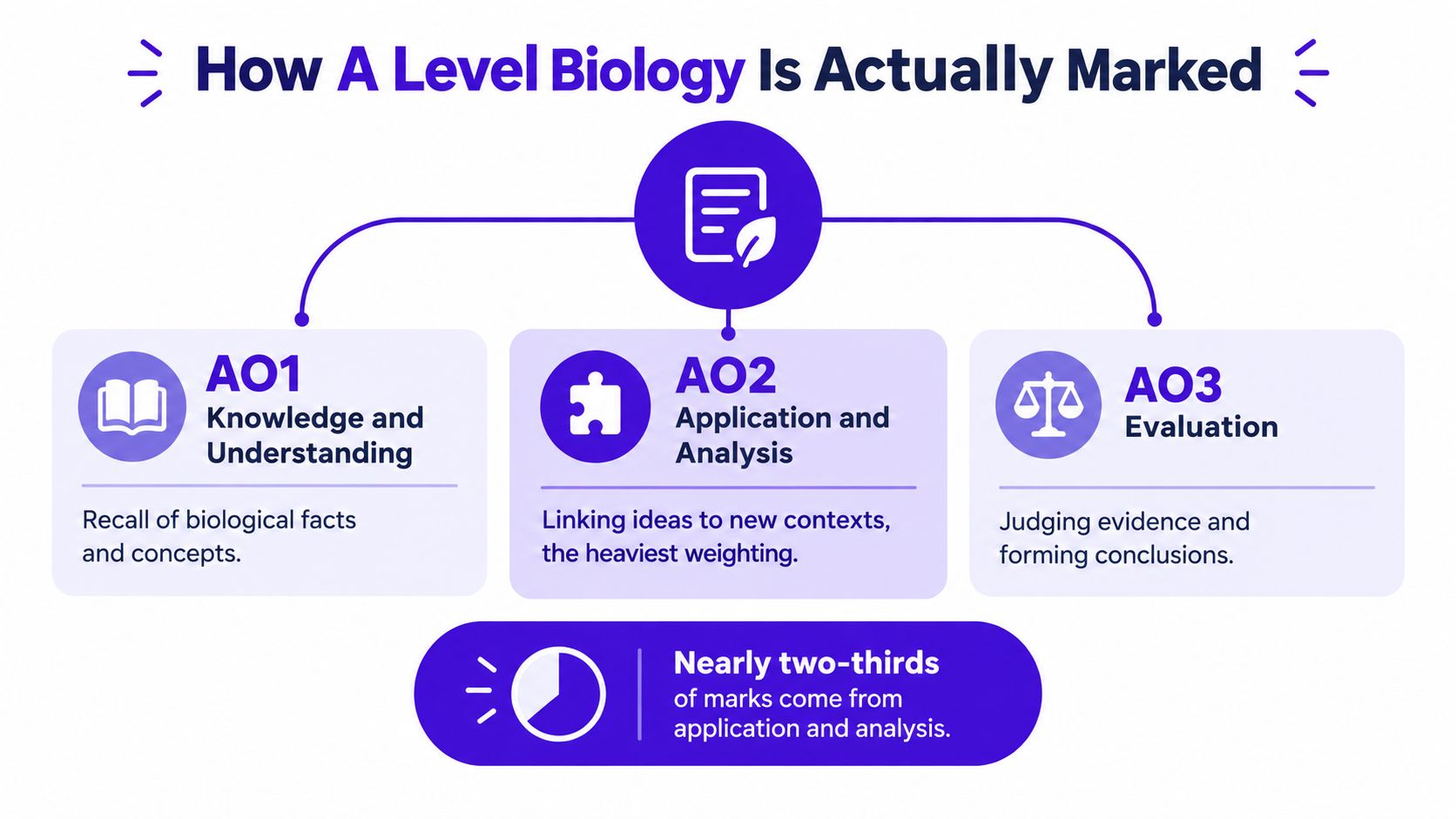 A diagram explaining how A-Level Biology exams are marked using three assessment objectives: AO1, AO2, and AO3.