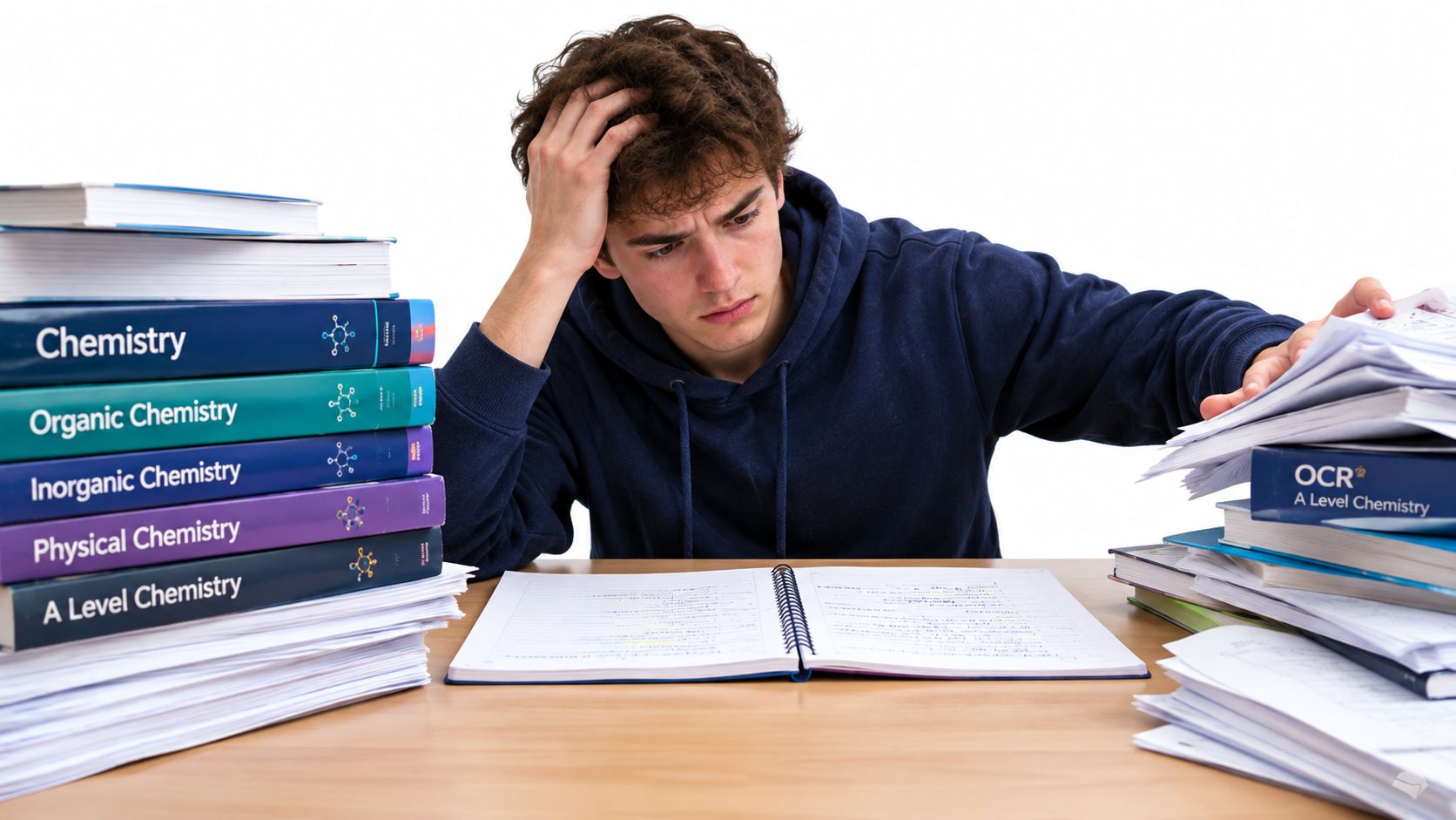A stressed student studying A Level Chemistry with piles of textbooks and notes on a wooden desk.