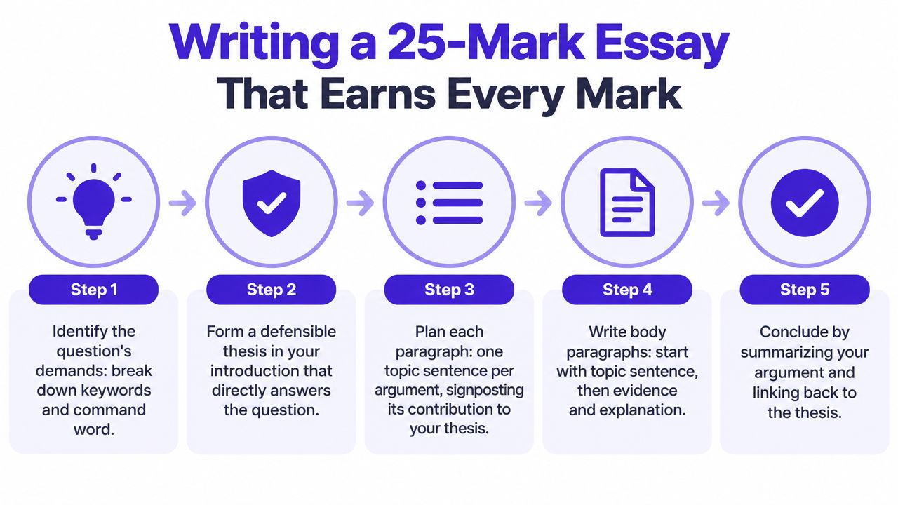 A five-step infographic showing how to write a 25-mark essay, from identifying requirements to concluding.