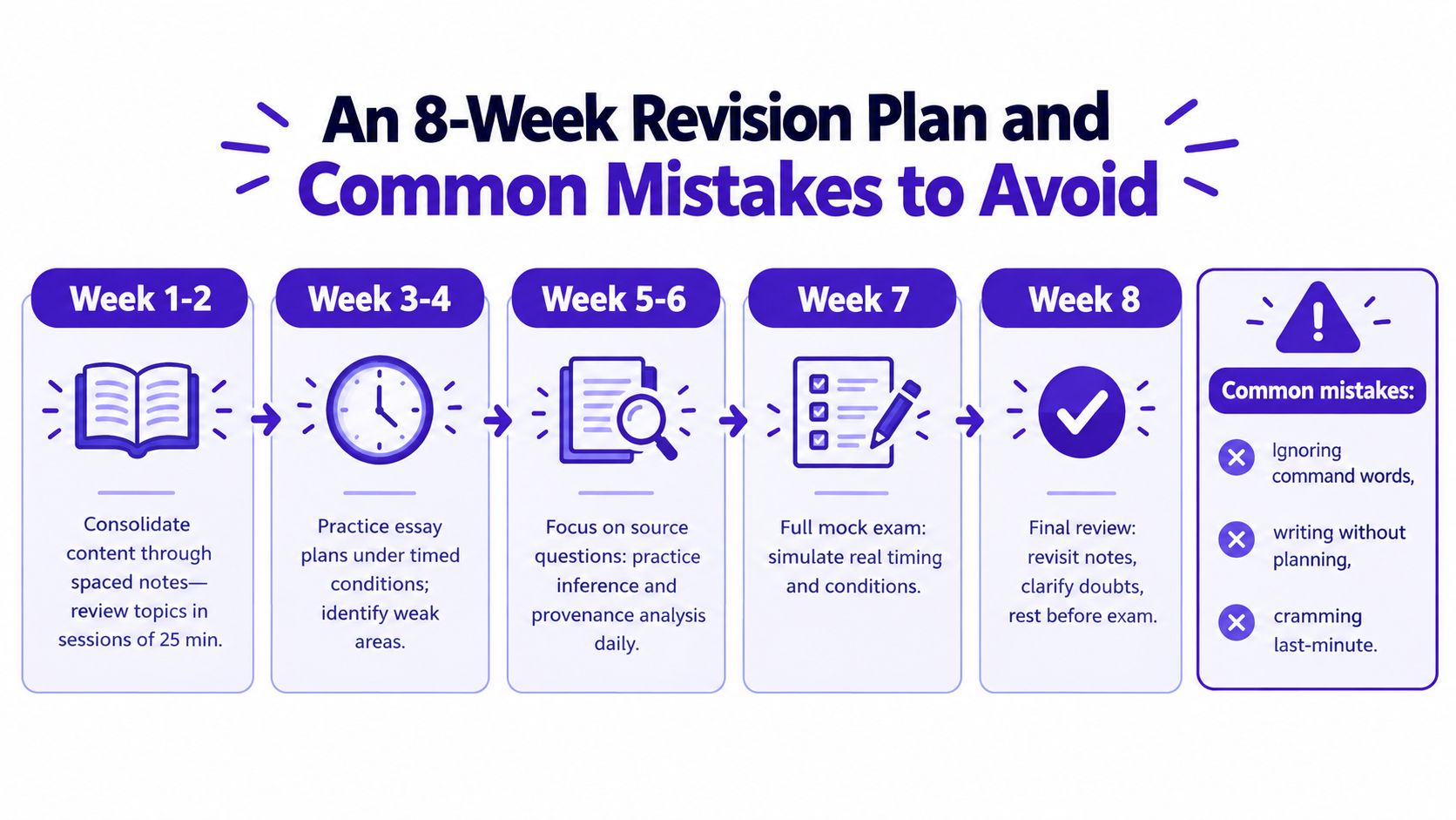 A visual eight-week revision plan for A Level history students including common mistakes to avoid.