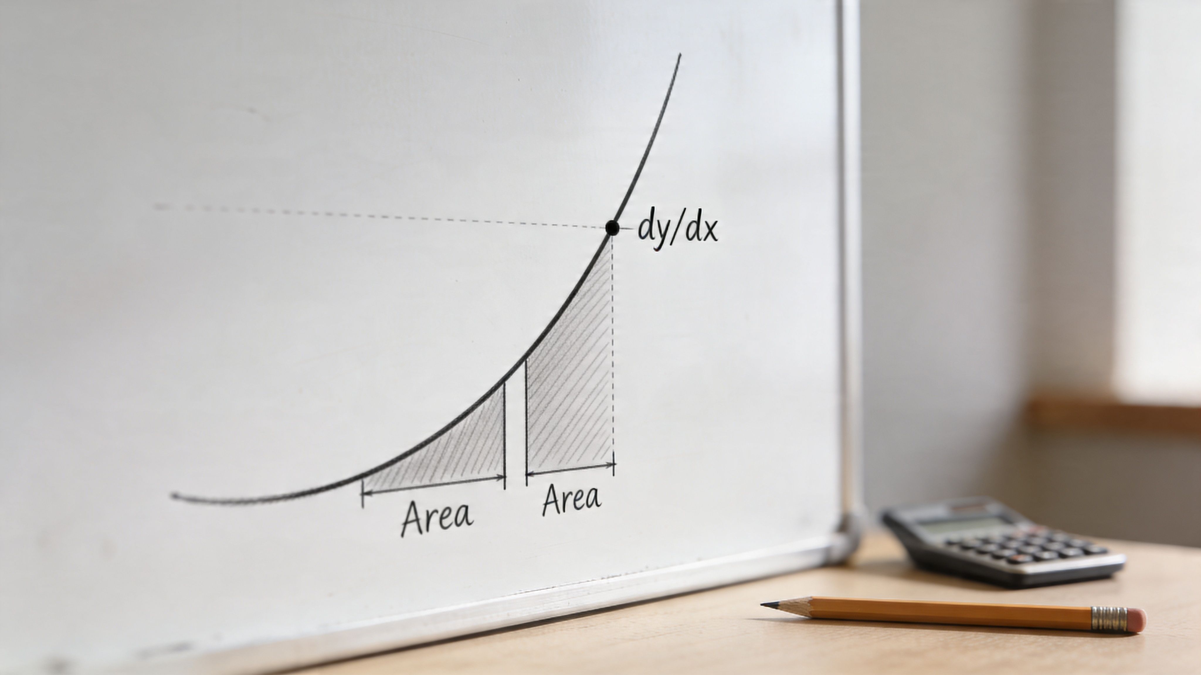 A whiteboard showing a mathematical curve diagram with labels for area and dy/dx representing calculus concepts.