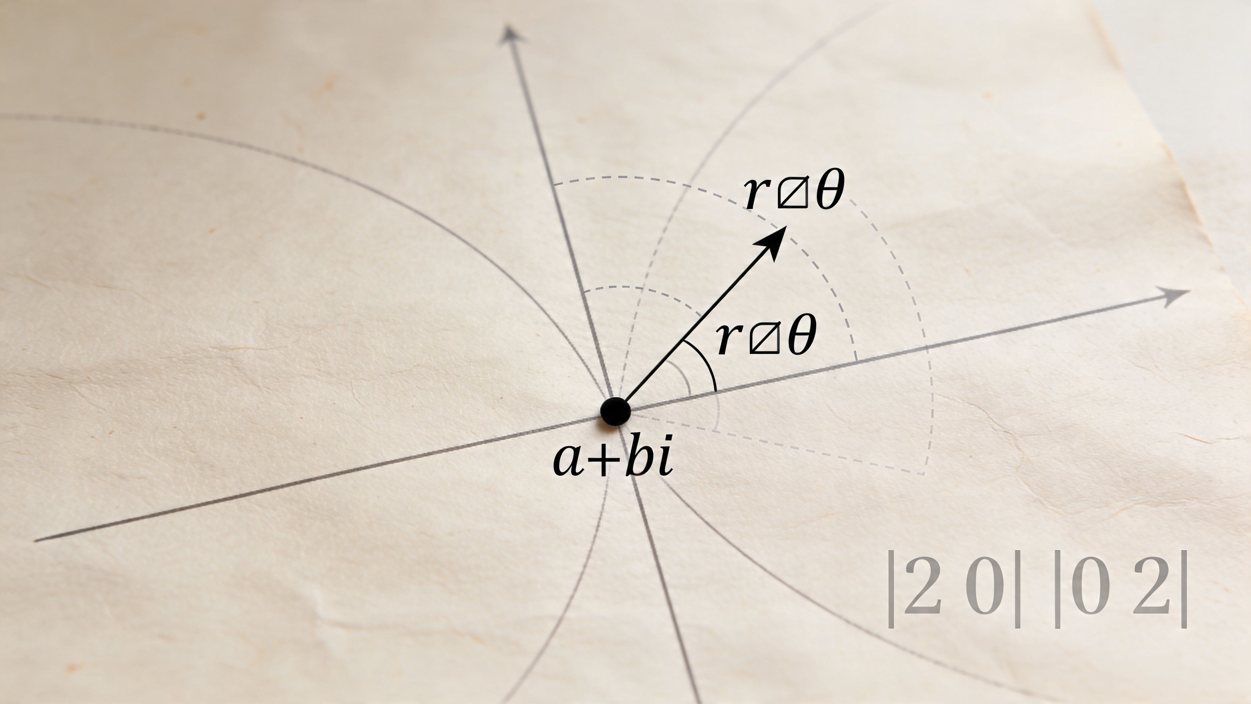 A complex number represented as a vector on a plane with polar coordinates labeled as r and theta.