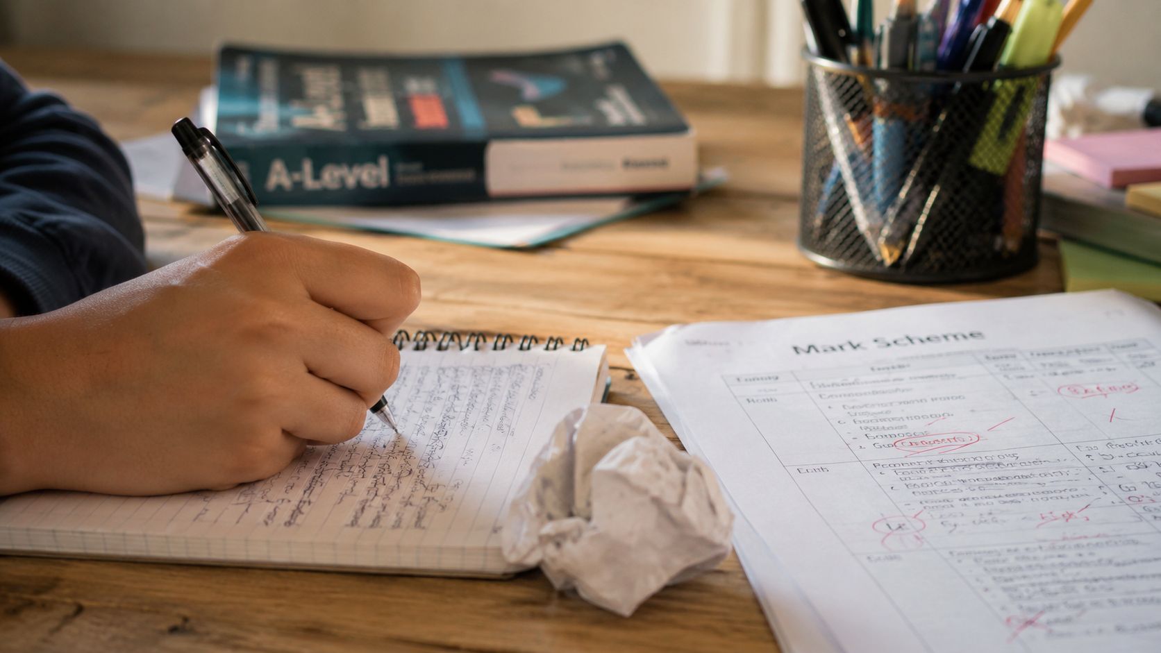 A student studying for an A-Level physics exam while taking notes on a wooden desk.