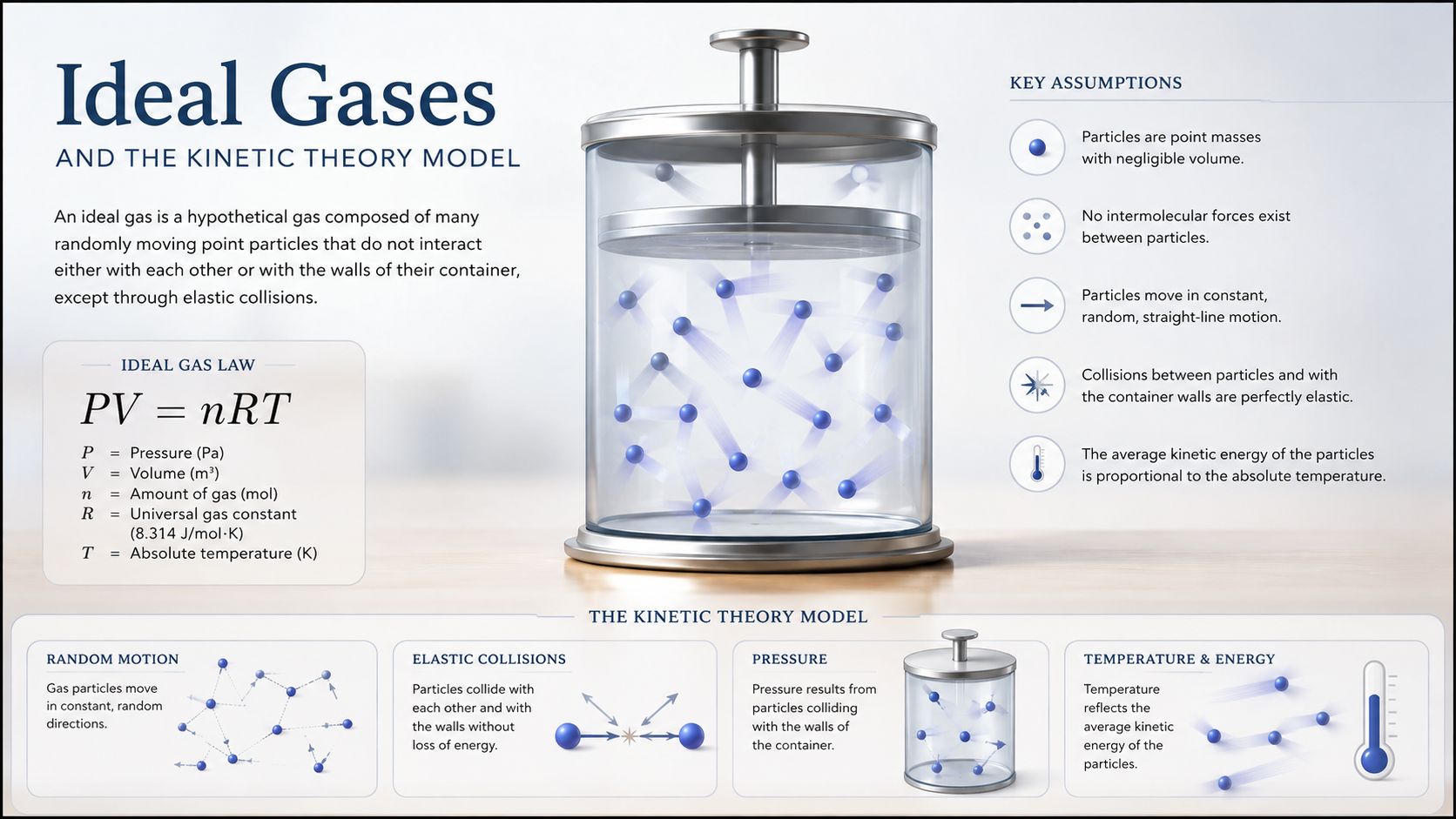 An educational infographic illustrating the Kinetic Theory Model and Ideal Gas Law with particle movement diagrams.