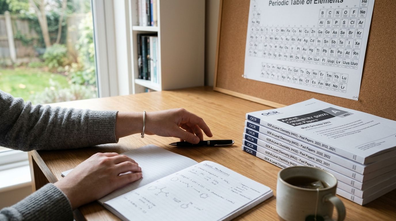A student studying for A Level Chemistry exams with practice papers, notes, and a periodic table.