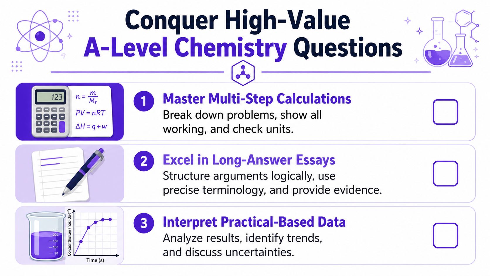 An infographic titled Conquer High-Value A-Level Chemistry Questions, listing three study strategies for chemistry exam preparation.