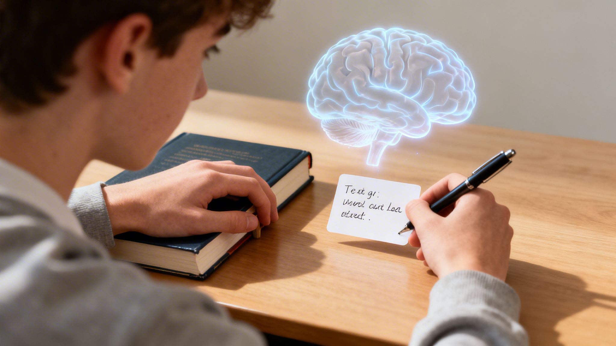 Student studying with a book, writing notes on a card, next to a glowing holographic brain.