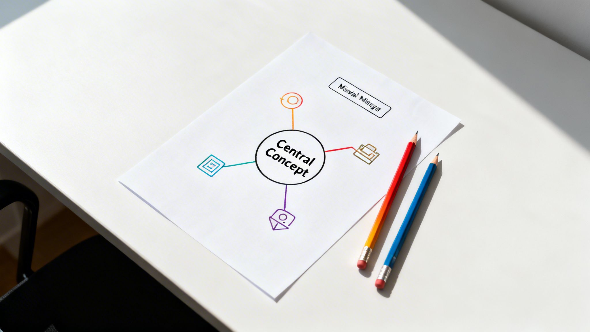 A white sheet of paper displaying a colorful mind map for a 'Central Concept' with two pencils on a white desk.