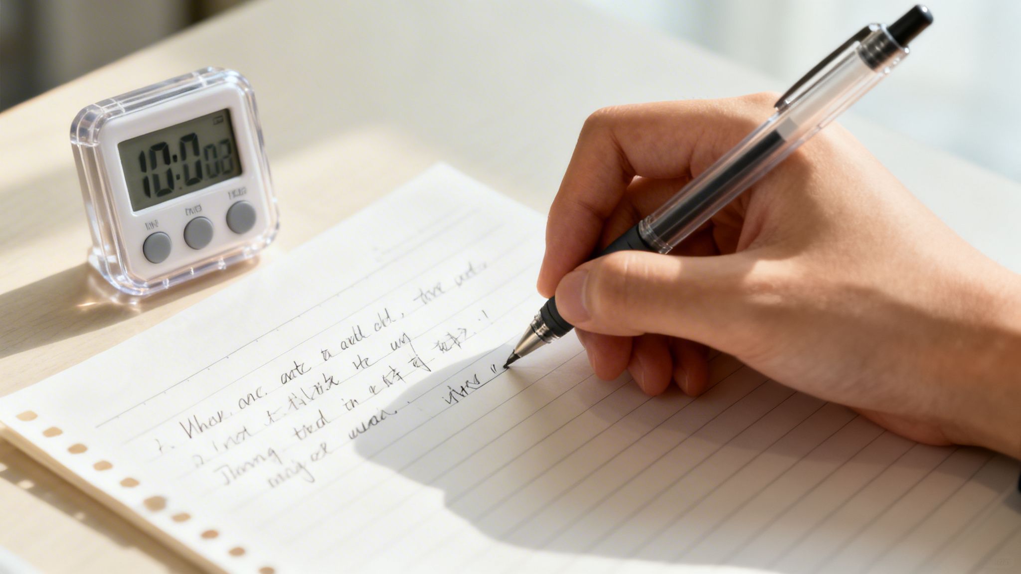 A person's hand diligently writing notes on paper, with a digital study timer set to 10 minutes.