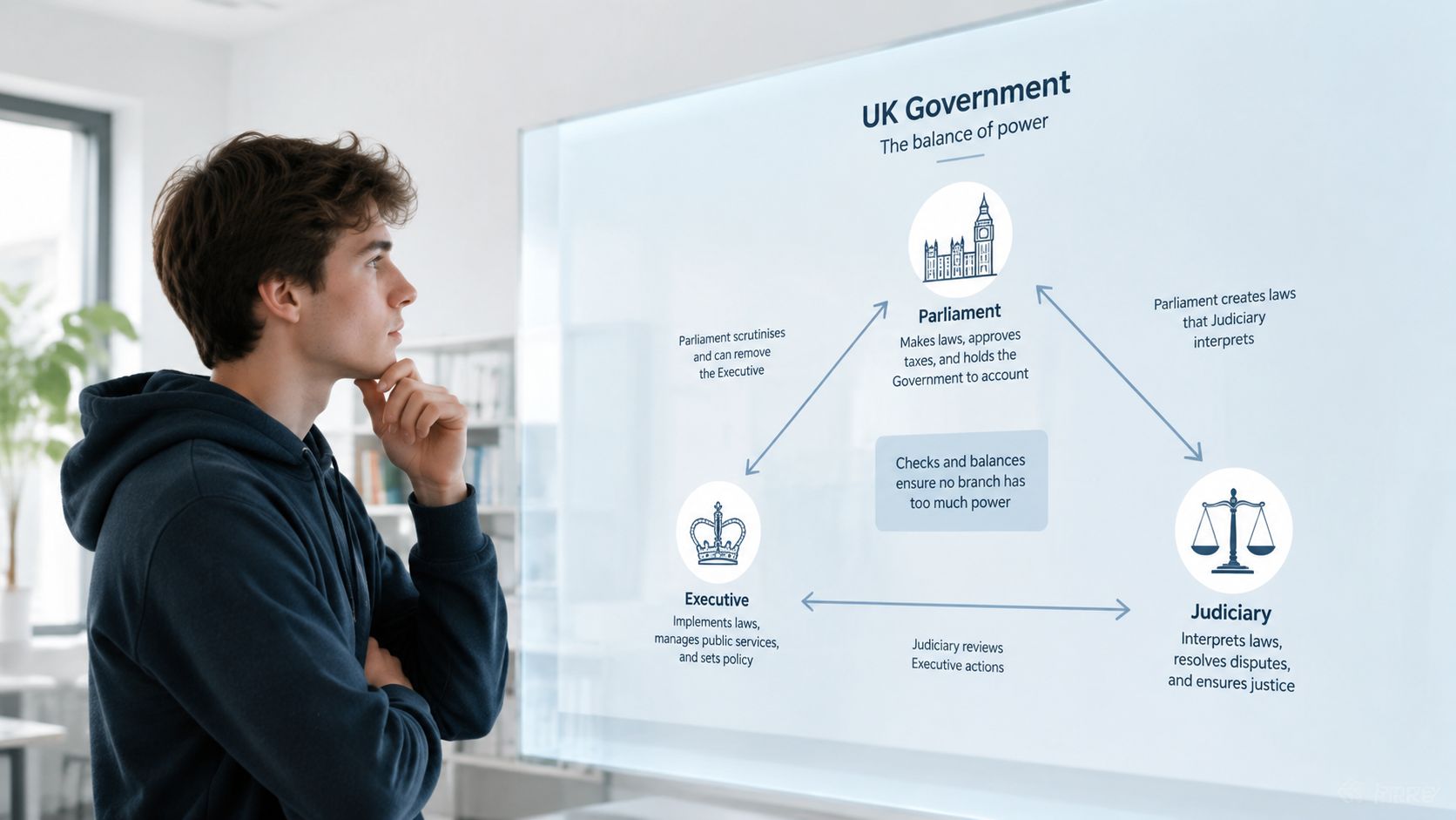 A young student looking at an informative infographic about the balance of power in UK Government.