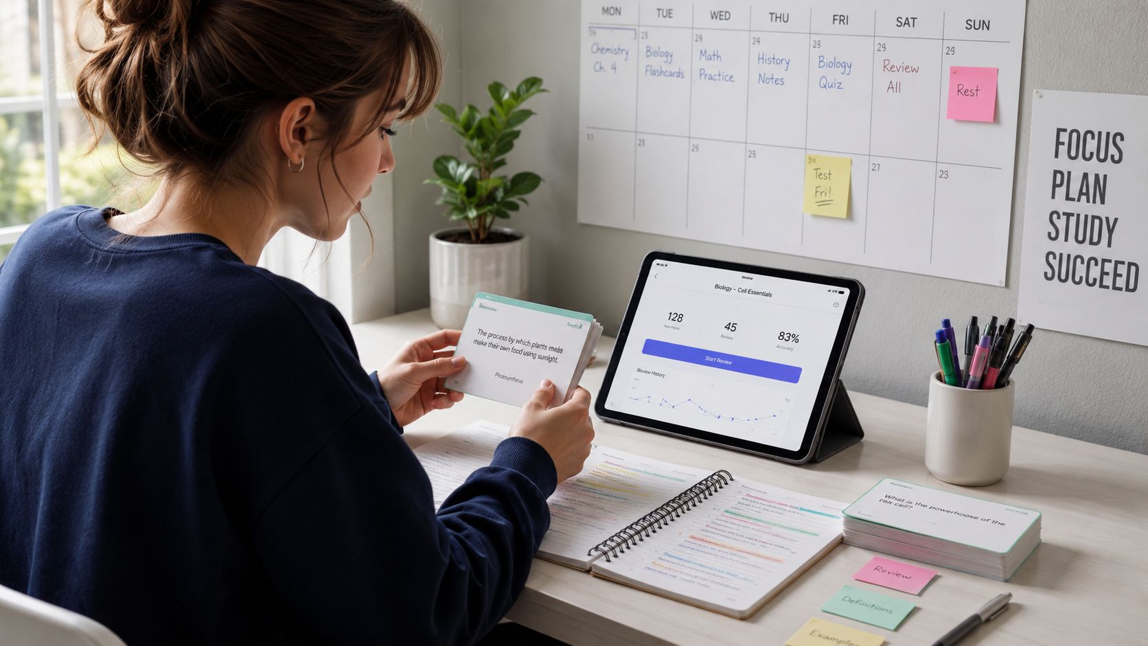 A student studying for exams using flashcards, a tablet, and notes at a tidy desk.