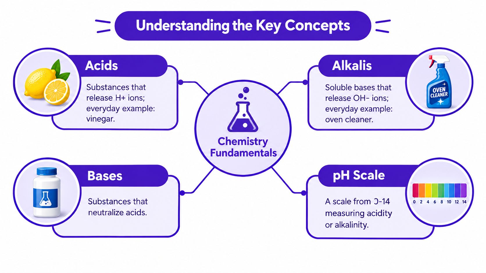 A chemistry infographic explaining concepts of acids, bases, alkalis, and the pH scale with examples.