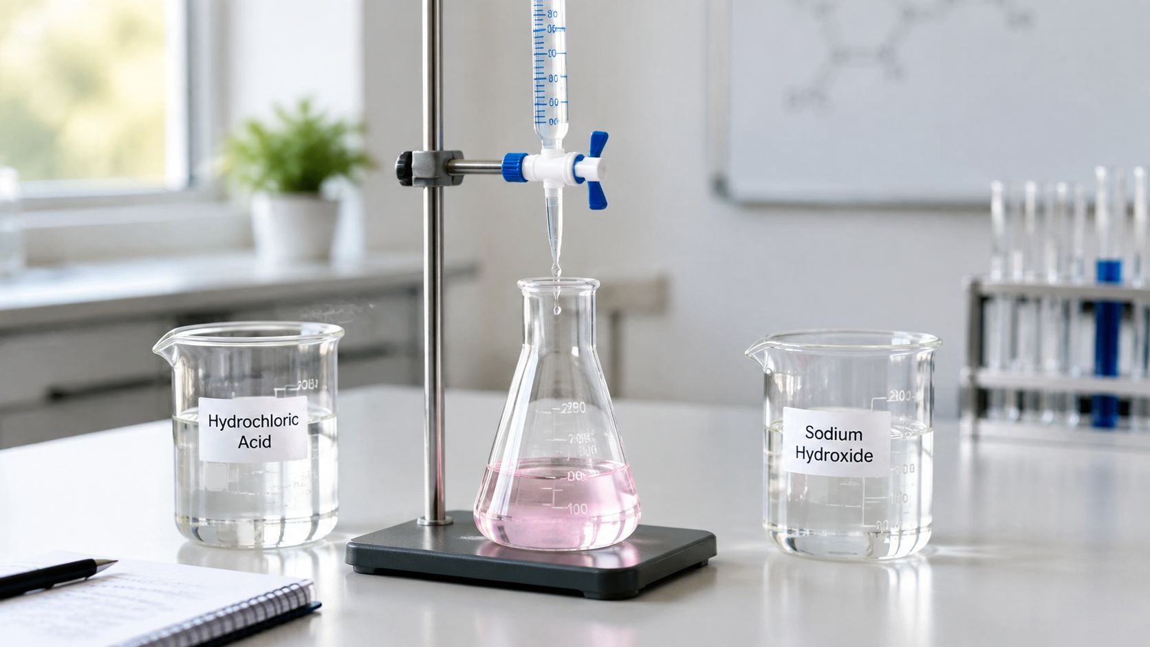 A chemistry titration setup with a burette dripping liquid into a pink solution inside a glass flask.