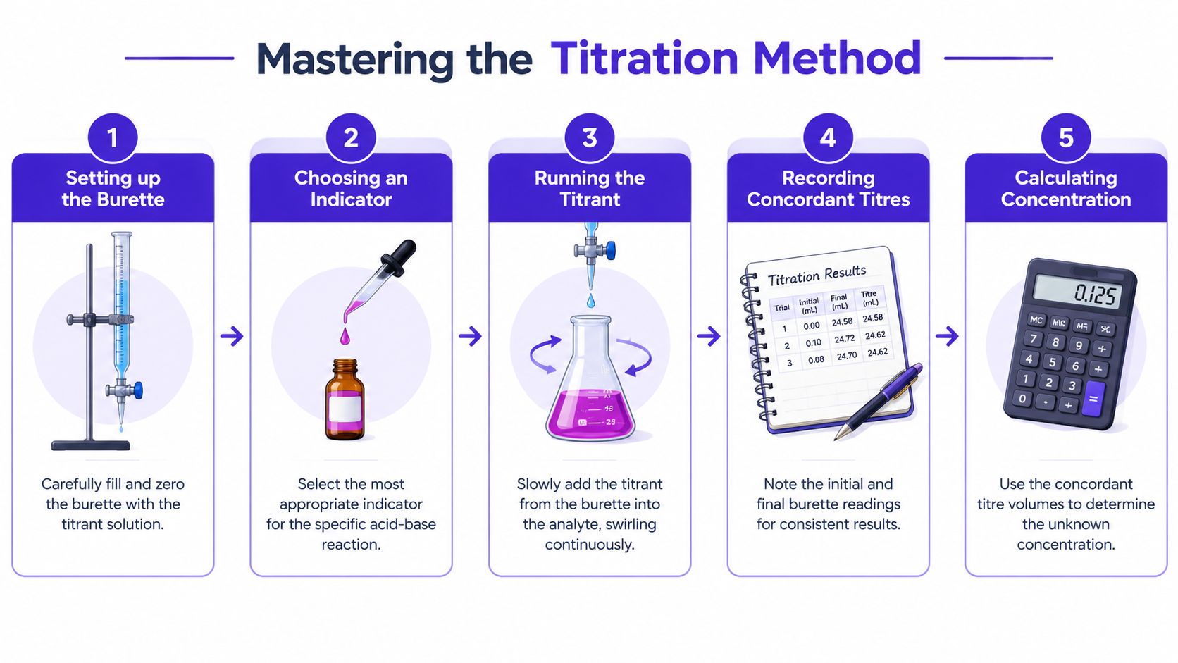 An infographic showing the five steps to perform a titration method for analyzing acids and alkalis.