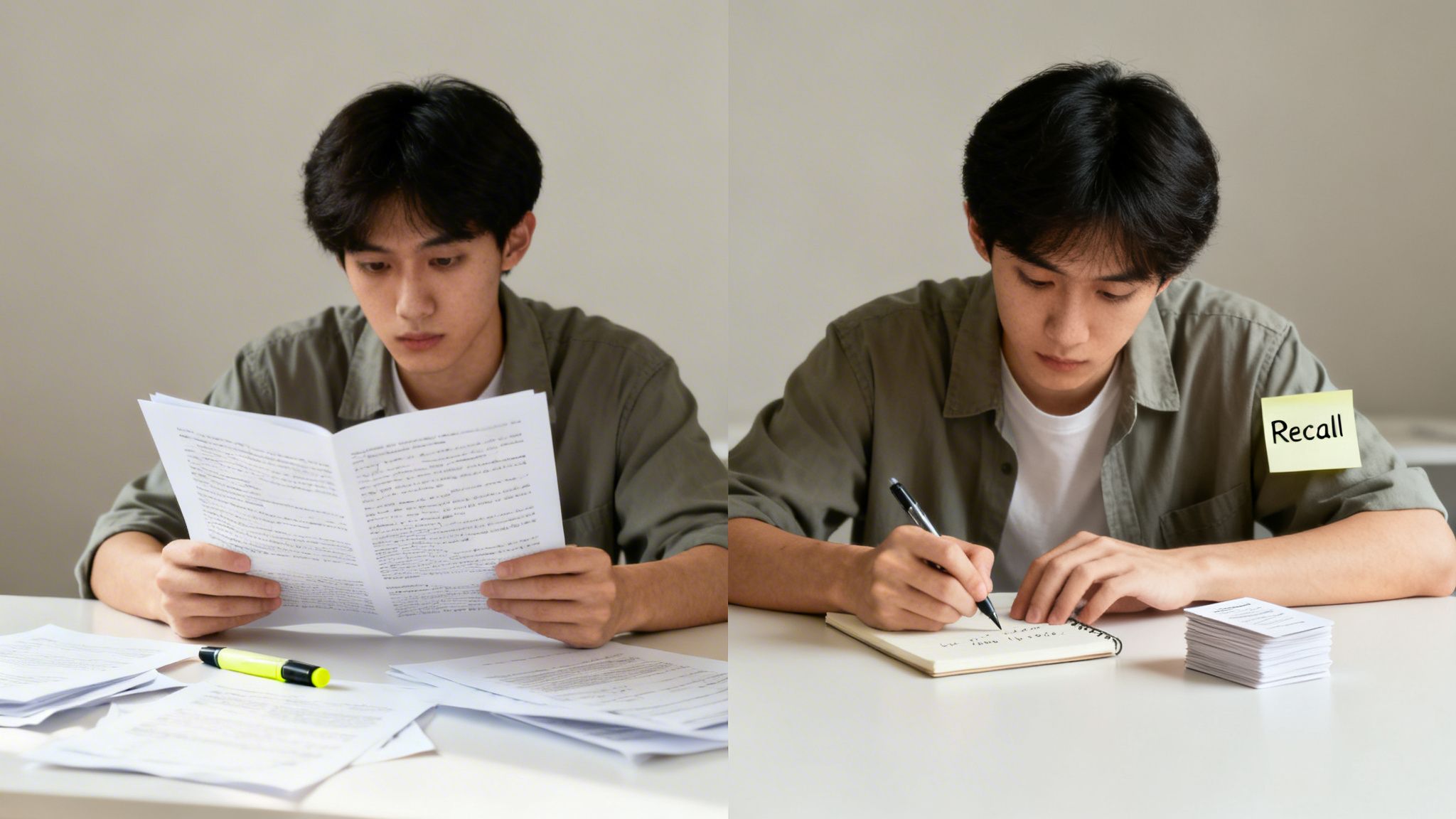 A young man demonstrates active recall study method by reading and then writing notes from memory.