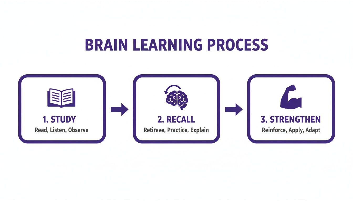 A diagram illustrating the three-step brain learning process: Study, Recall, and Strengthen.