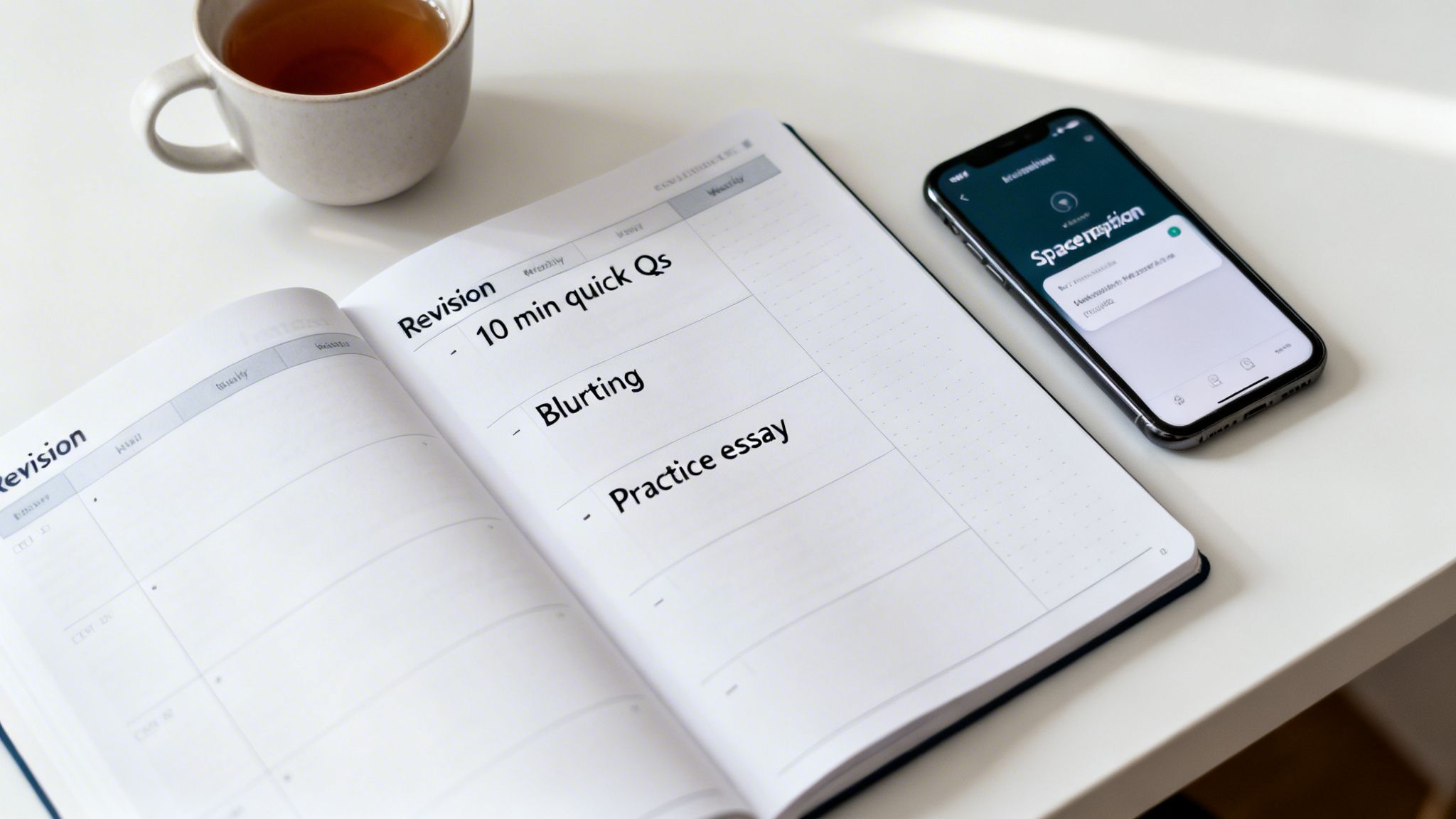 An open revision planner with study notes, a smartphone, and a cup of tea.