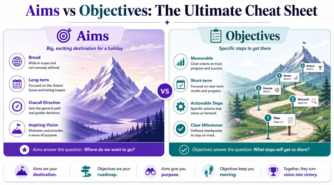A comparison infographic showing the difference between aims as broad destinations and objectives as actionable steps.
