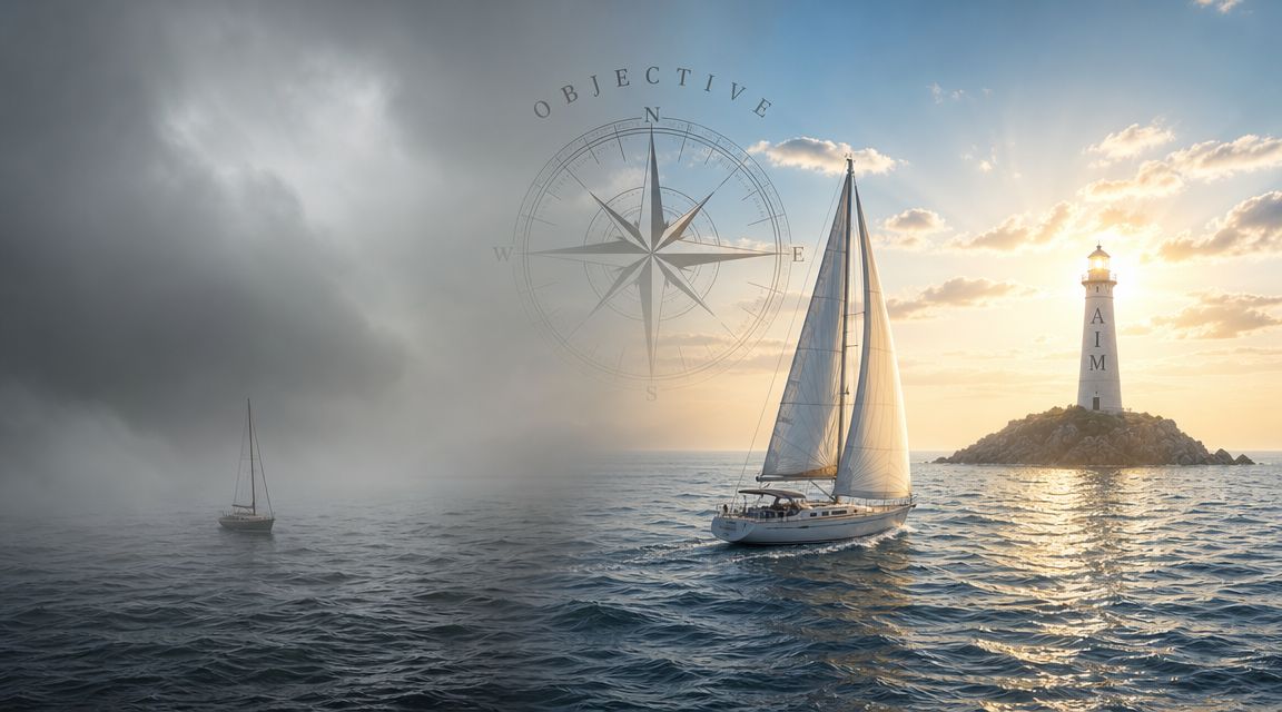 A sailboat navigating toward a glowing lighthouse at sunset, symbolizing business aims and strategic vision.