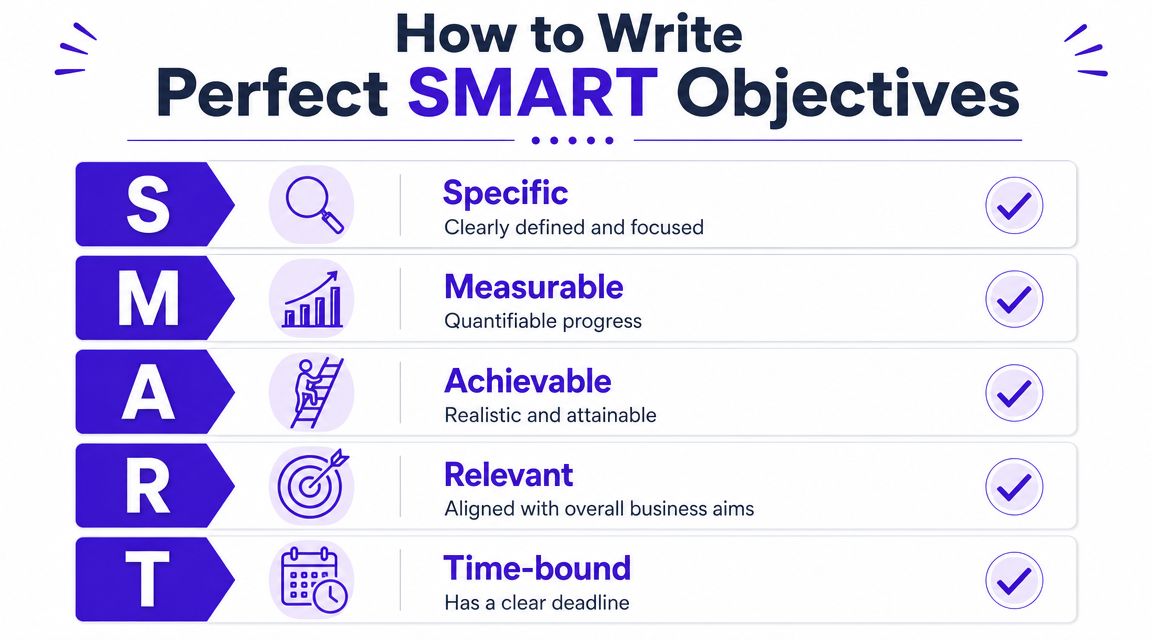 An infographic explaining the SMART objectives acronym: Specific, Measurable, Achievable, Relevant, and Time-bound for business goal setting.