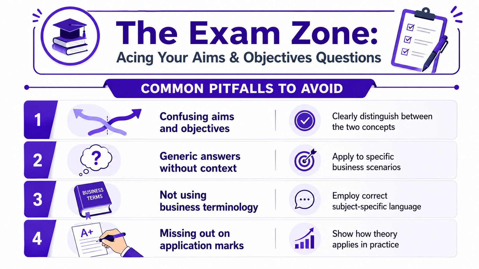An educational infographic outlining four common pitfalls when answering business exam questions about aims and objectives.