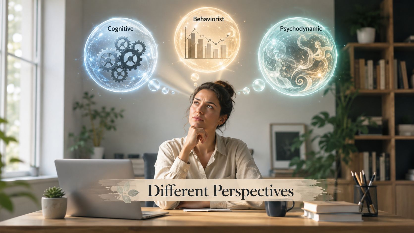 A woman thinking at her desk with conceptual bubbles illustrating cognitive, behaviorist, and psychodynamic psychology perspectives.