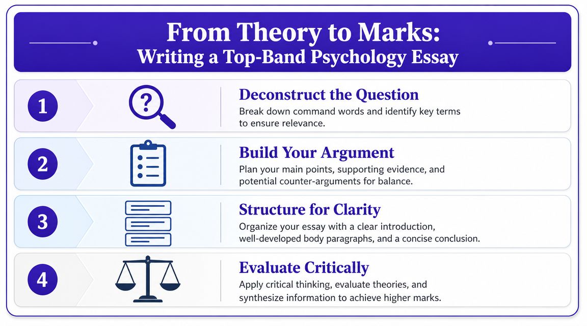 An educational infographic outlining four key steps to writing a top-scoring essay in psychology.