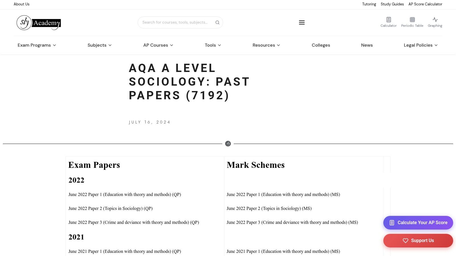 Sly Academy – AQA A Level Sociology past papers (7192)