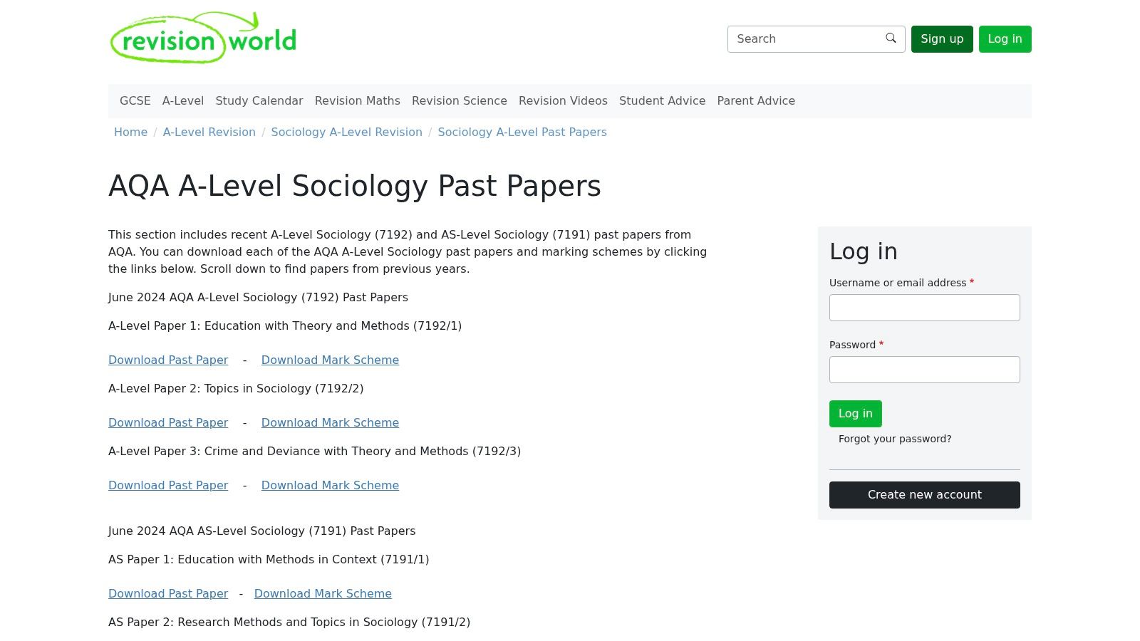 Revision World – AQA A Level Sociology past papers