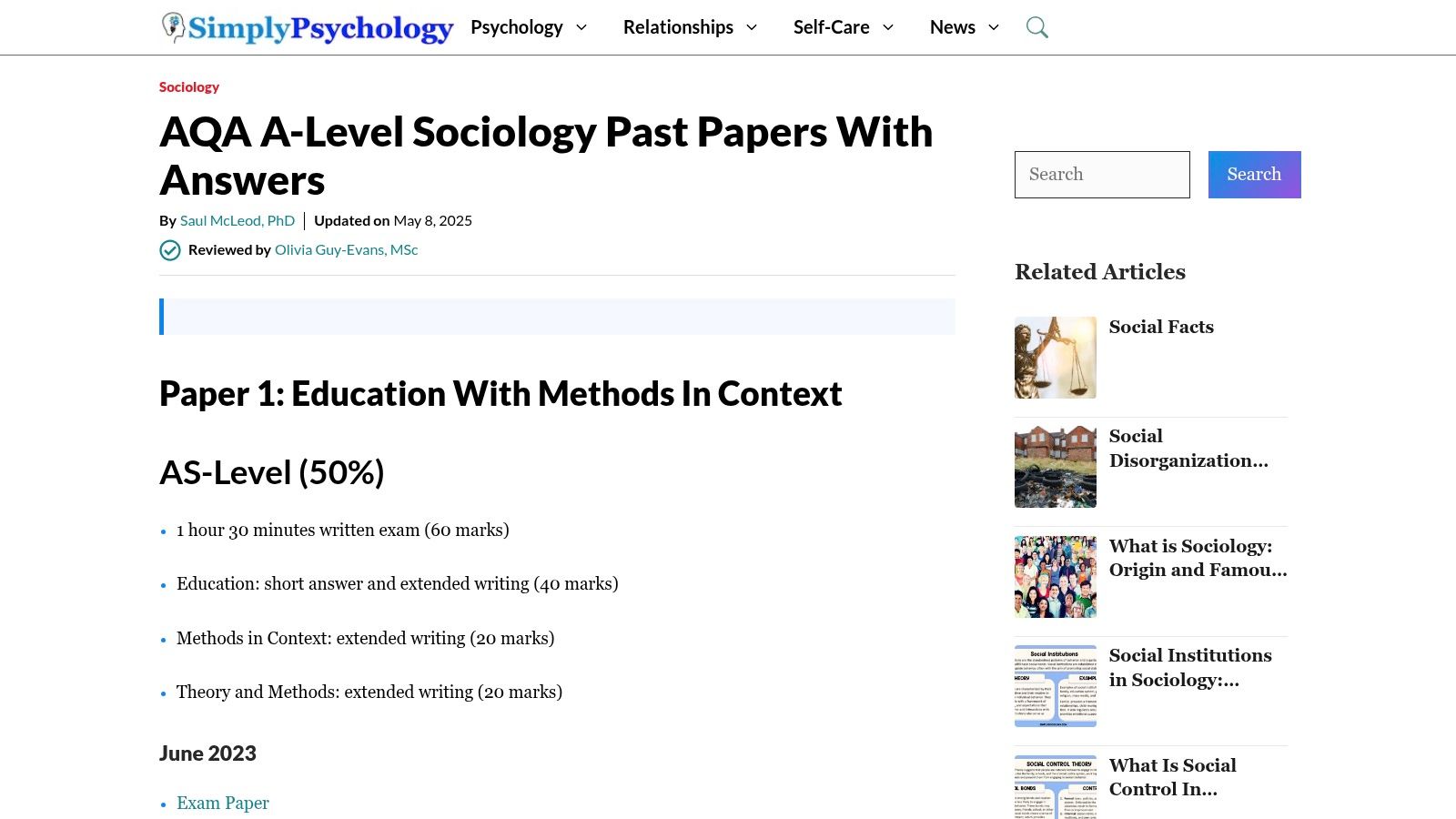 SimplyPsychology – AQA A‑Level Sociology past papers (with answers)