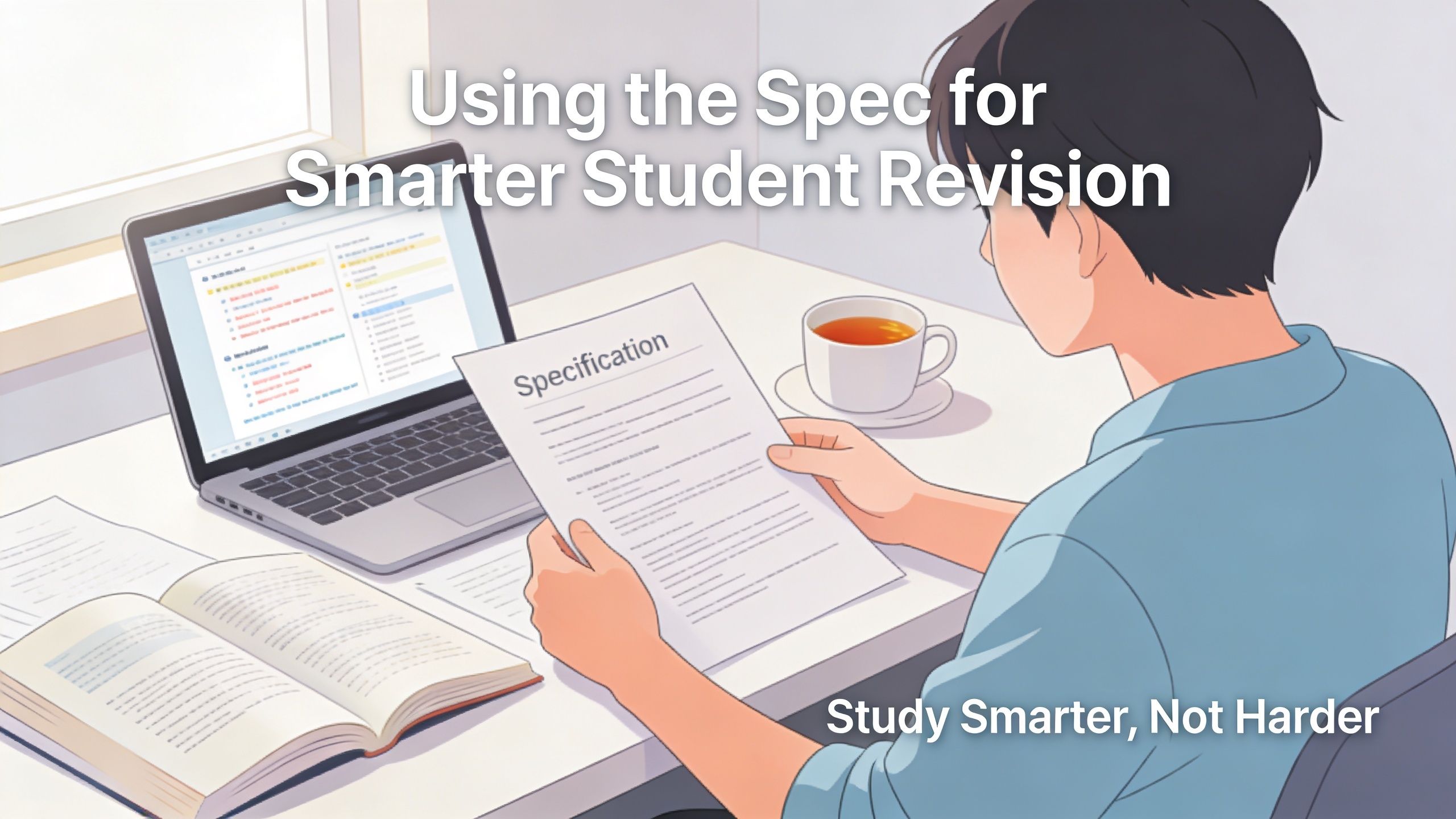 A student studying at a desk with a laptop, a notebook, and an exam specification document.