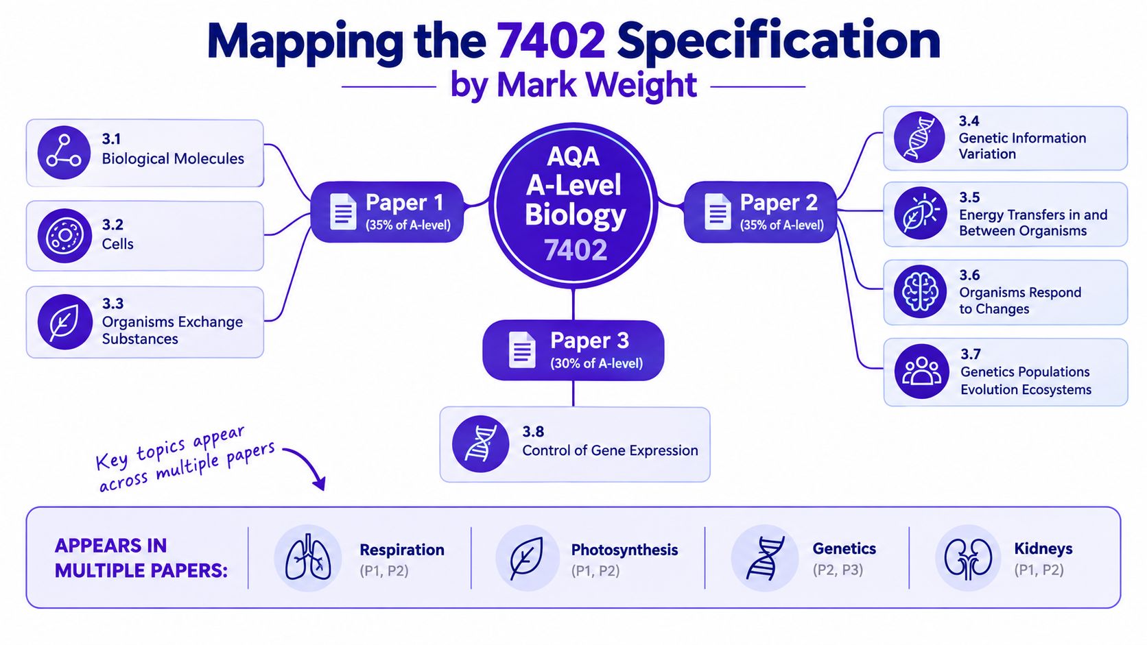 A diagram mapping the AQA A-Level Biology 7402 specification including exam papers and key study topics.
