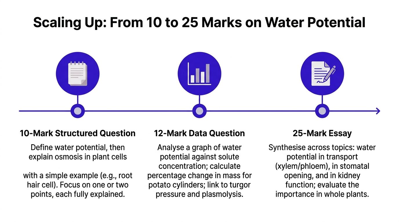 A timeline graphic showing progression of biology exam questions from a 10-mark structured question to a 25-mark essay.