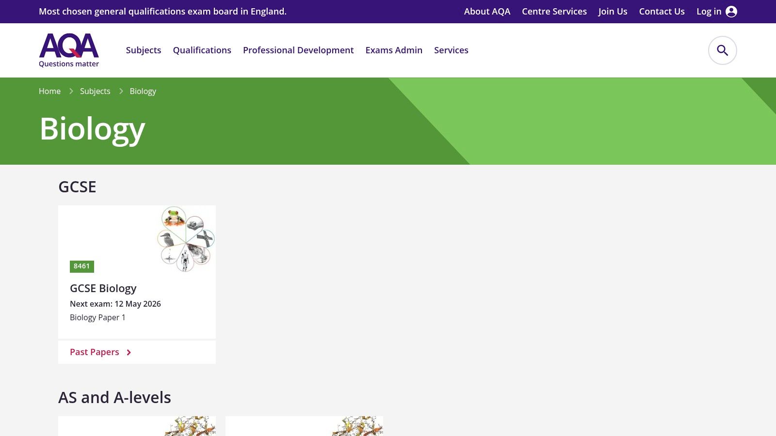 AQA Biology subject pages (GCSE 8461; AS 7401; A‑level 7402)