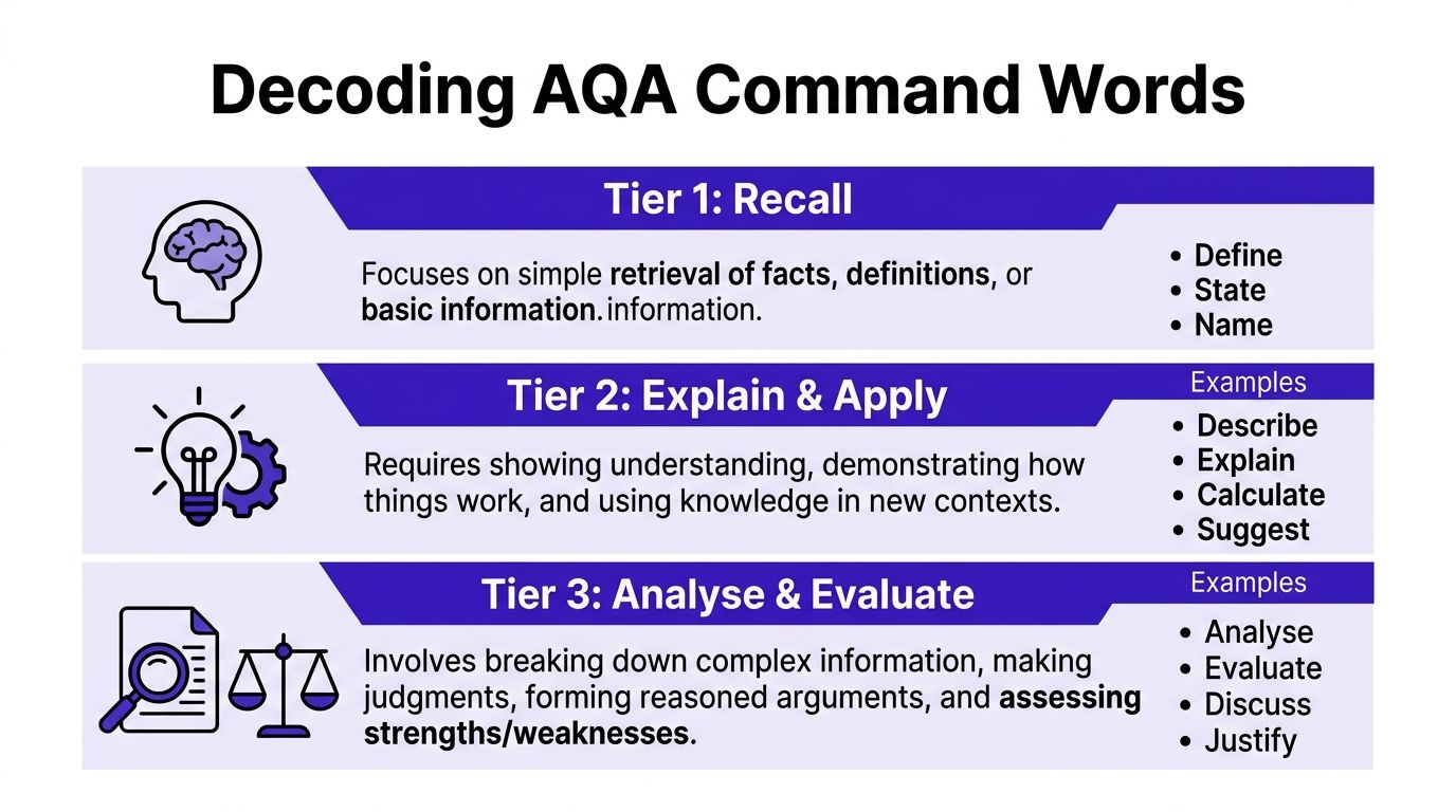 A chart explaining AQA command word tiers for educational assessment, categorized by recall, explanation, and analysis levels.