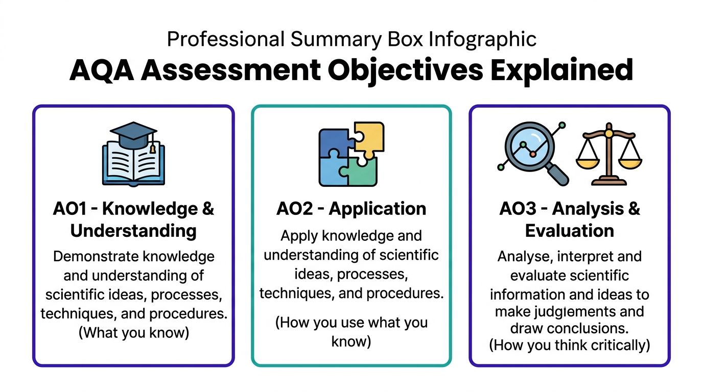 An infographic detailing the three AQA assessment objectives: Knowledge and Understanding, Application, and Analysis and Evaluation.