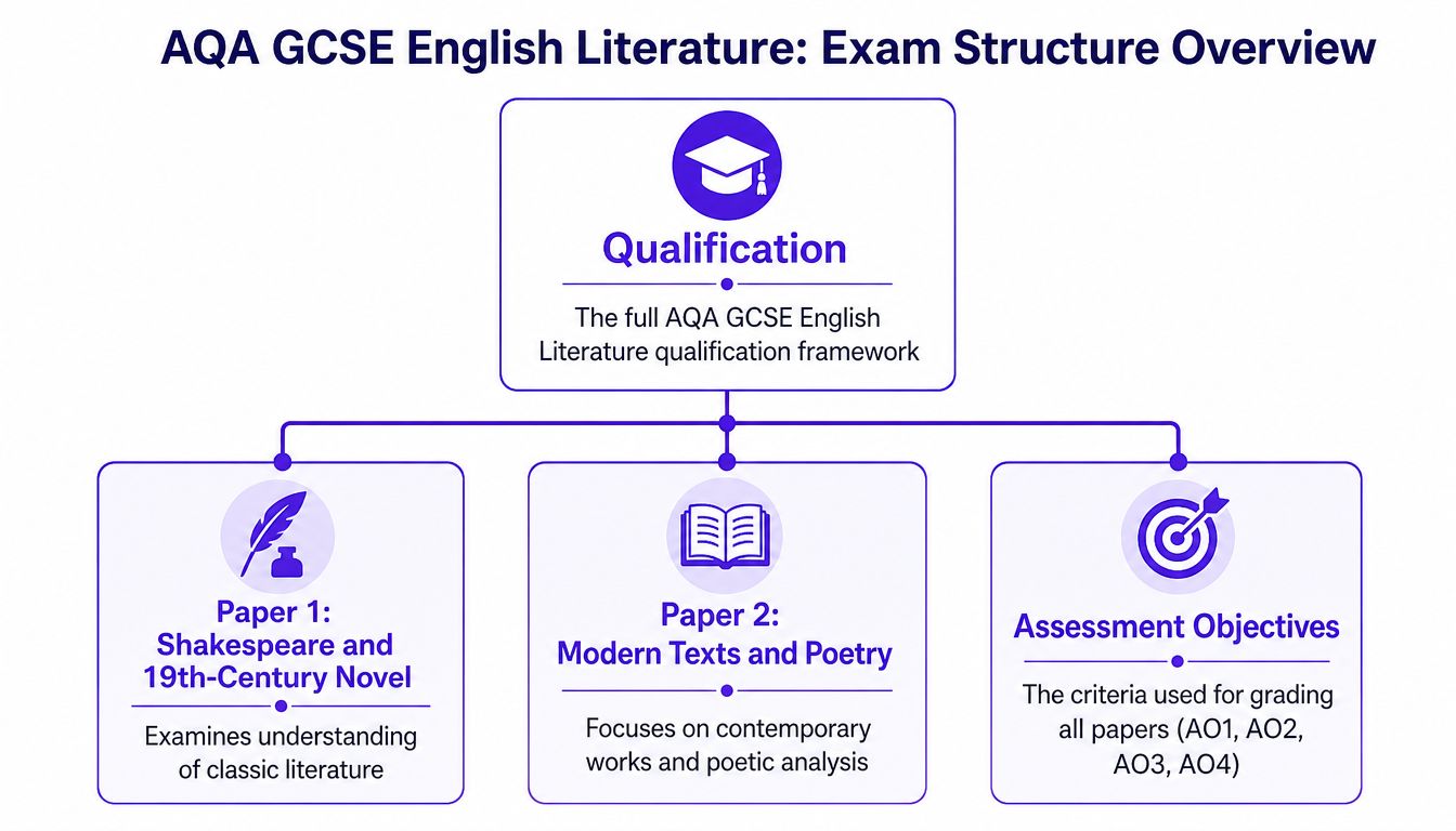 A diagram outlining the AQA GCSE English Literature exam structure, including Paper 1, Paper 2, and assessment objectives.