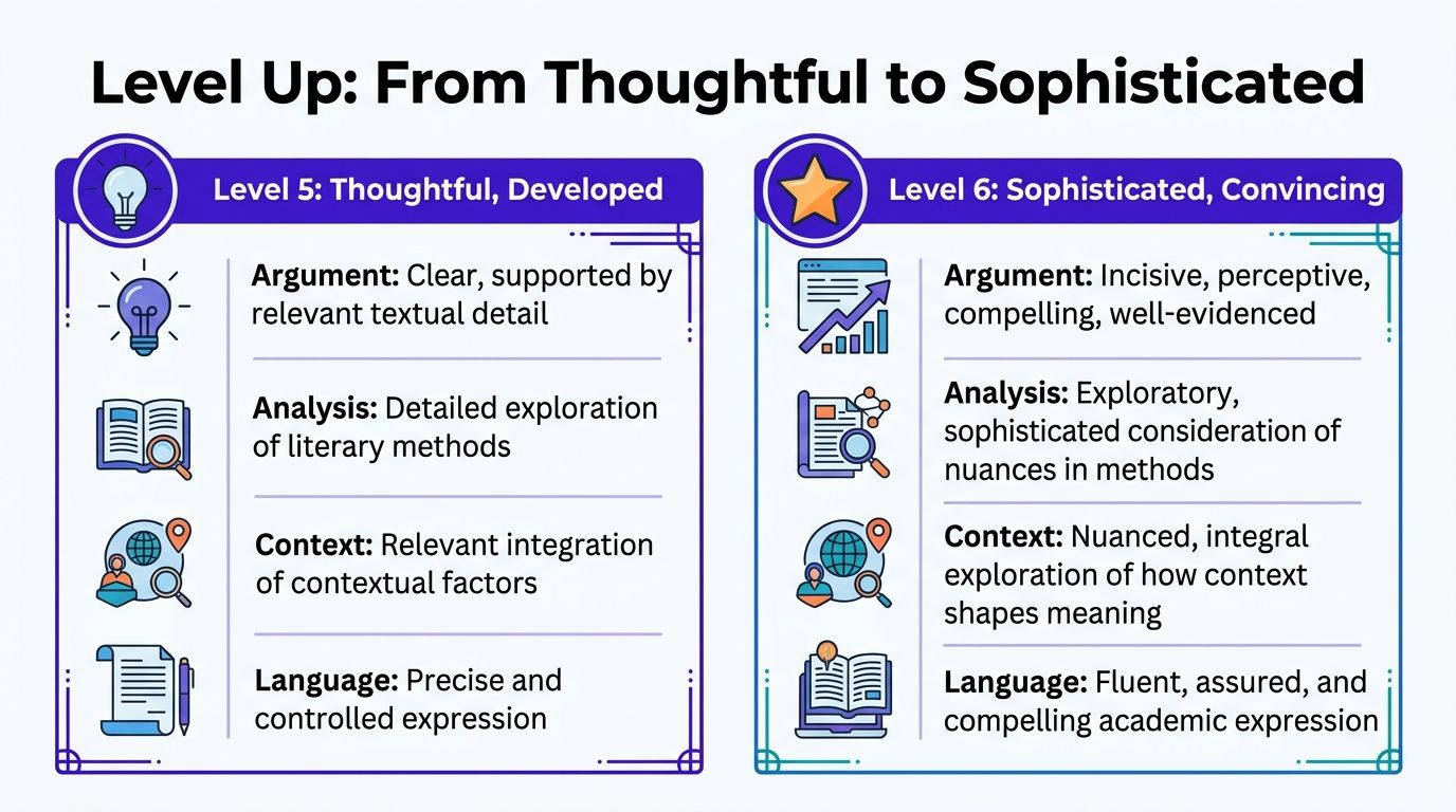 An educational infographic comparing Level 5 and Level 6 criteria for AQA English Literature essay grading.