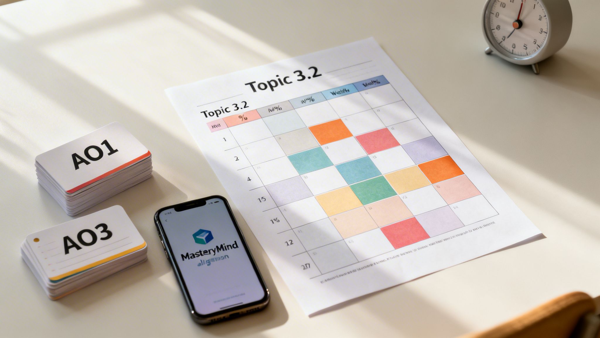 A study desk with flashcards, a topic calendar, and a smartphone for AQA GCSE revision.