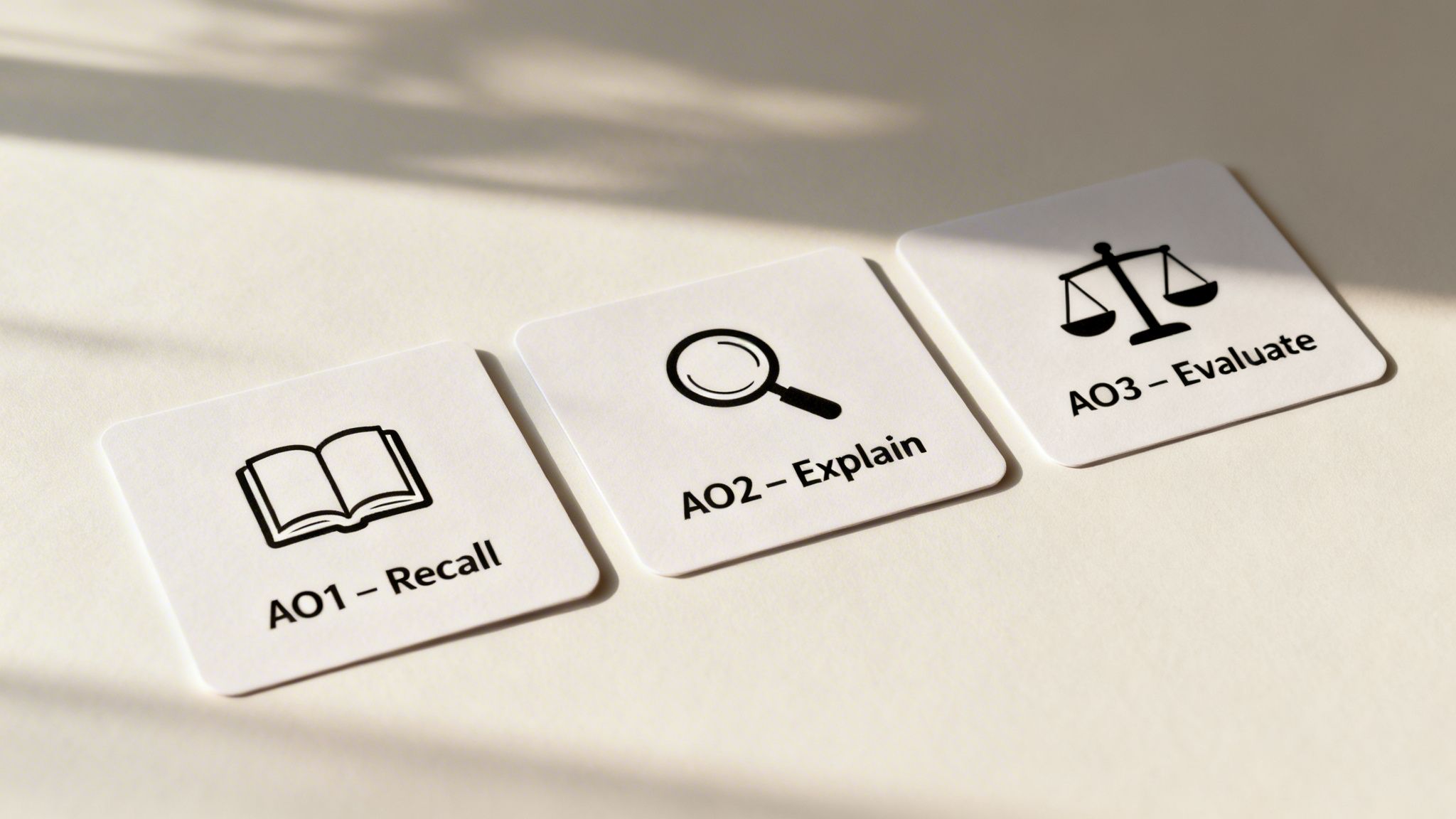 Three white cards show AQA GCSE assessment objectives: AO1 Recall, AO2 Explain, AO3 Evaluate.