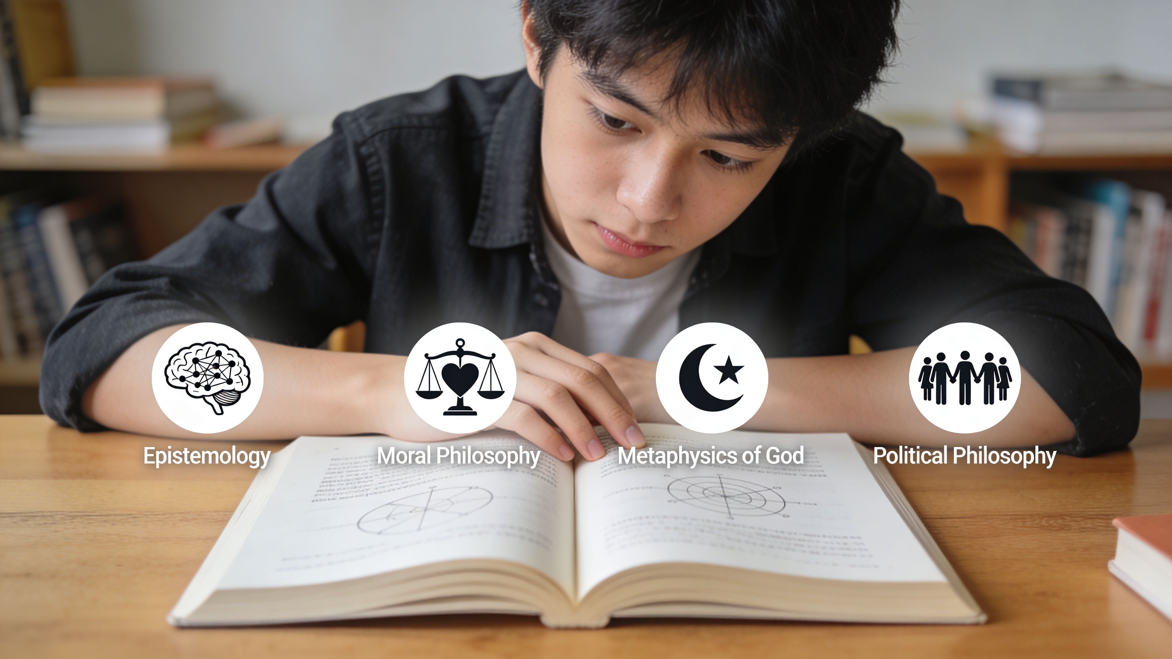 A young student studying a textbook featuring philosophical icons labeled as Epistemology, Moral Philosophy, Metaphysics of God, and Political Philosophy.