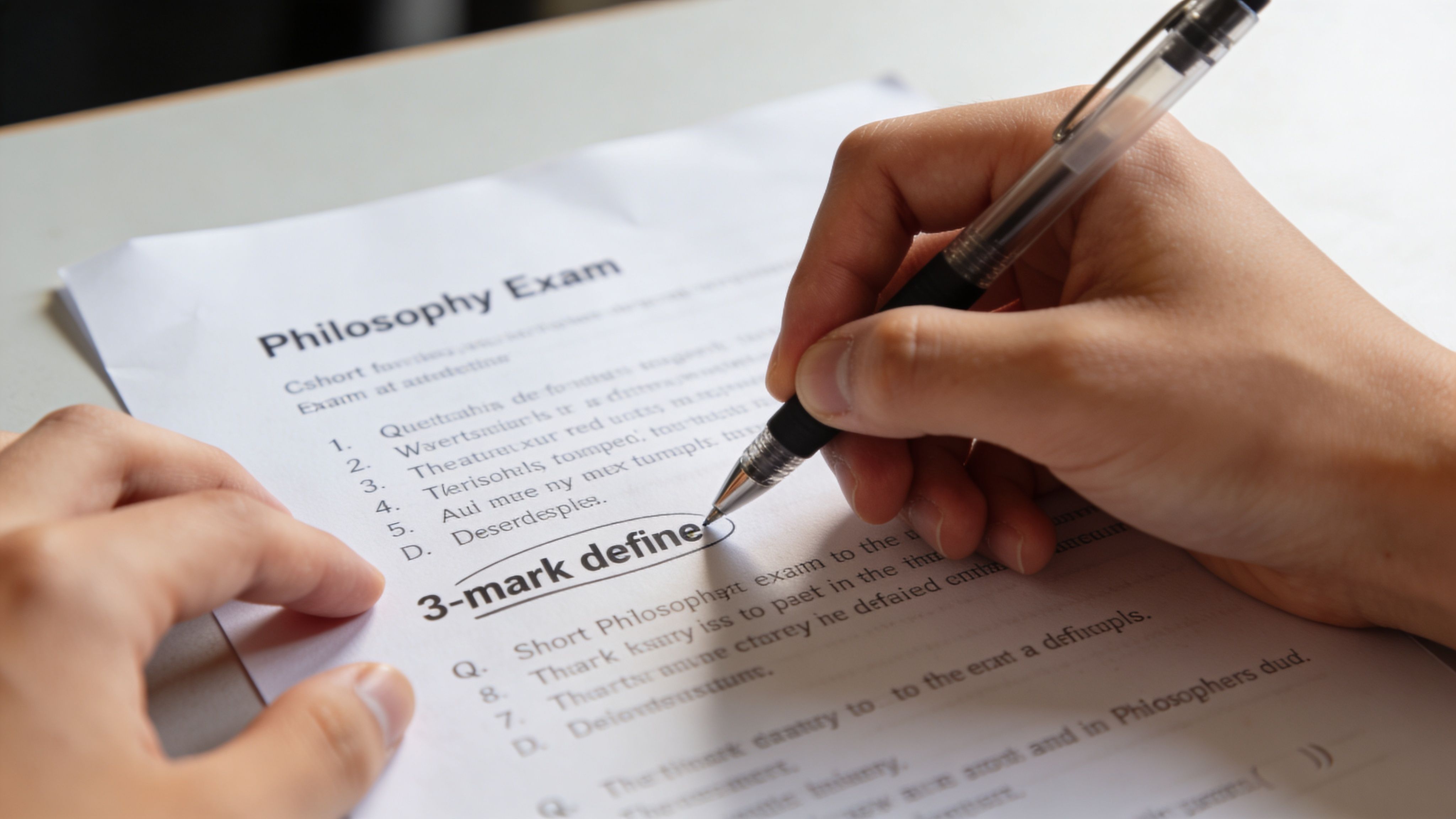 A student's hands taking a philosophy exam while highlighting a 3-mark definition question on paper.