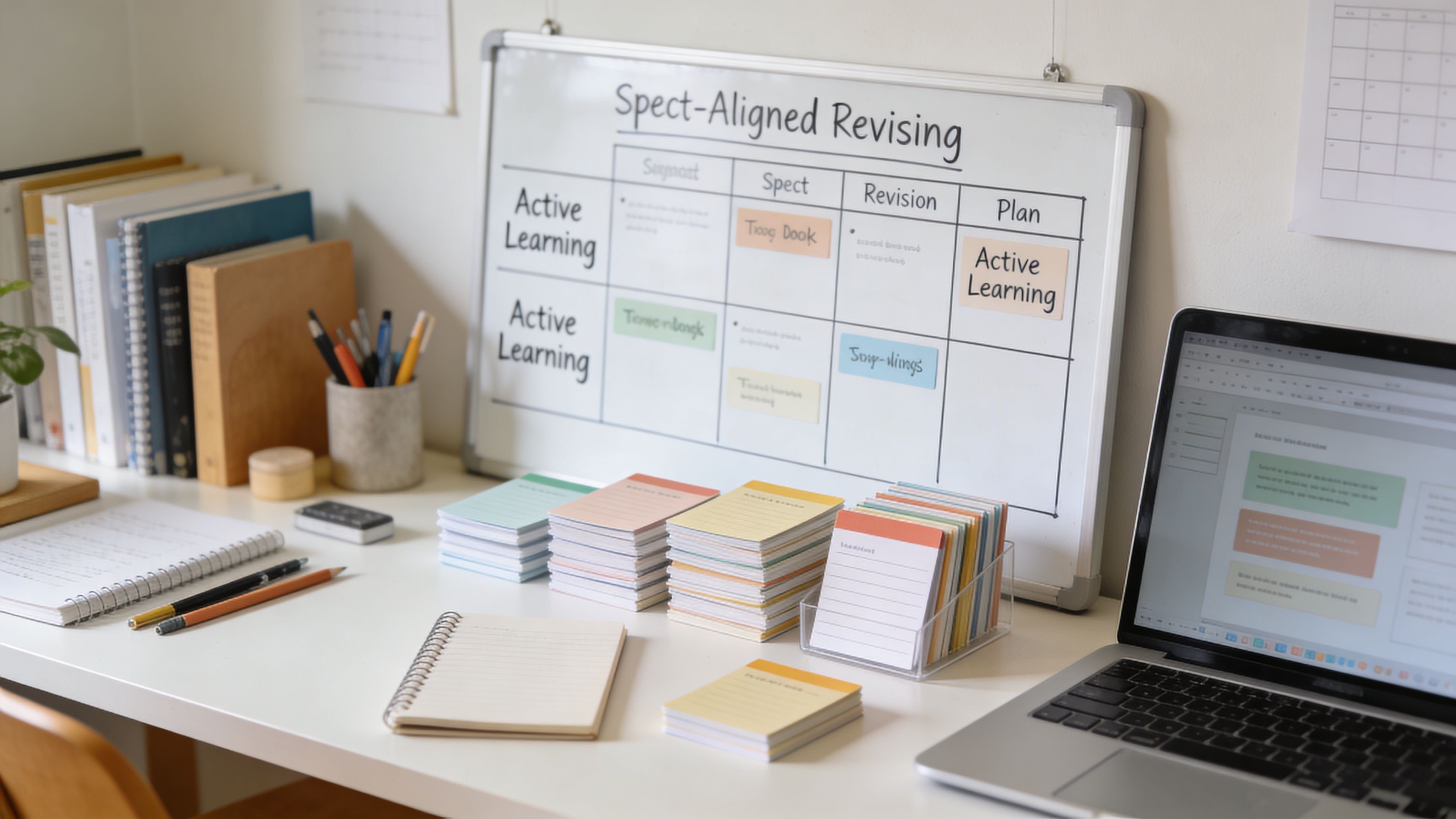 A well-organized study desk featuring a whiteboard with a lesson plan, notebooks, and a laptop.