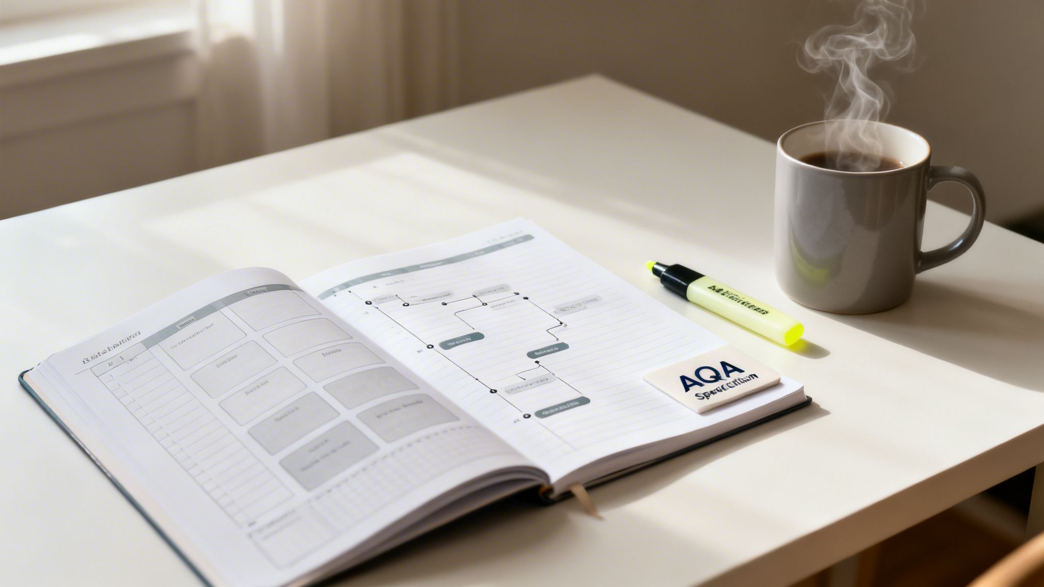 An open planner on a white desk with a steaming coffee mug, highlighter, and window light.