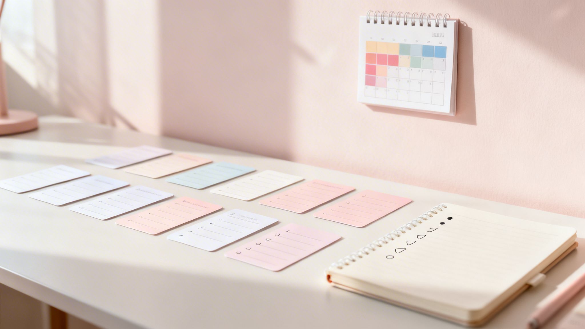 A tidy desk with numerous pastel note cards, a wall calendar, and an open notebook.