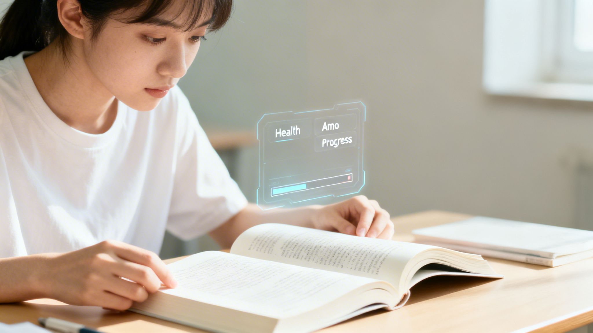 A young student reads a book at a desk, with a futuristic holographic display showing 'Health' and 'Progress' metrics.