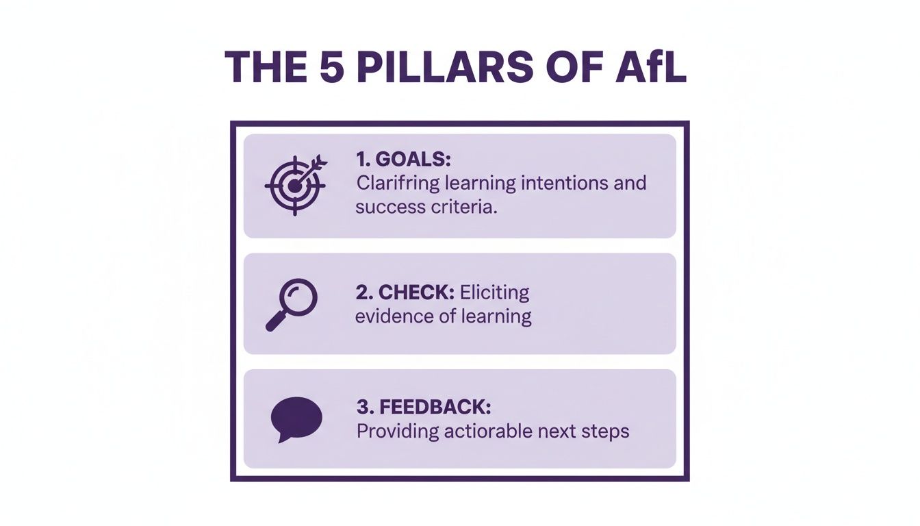 Visual representation of the first three pillars of AFL: Goals, Check, and Feedback.