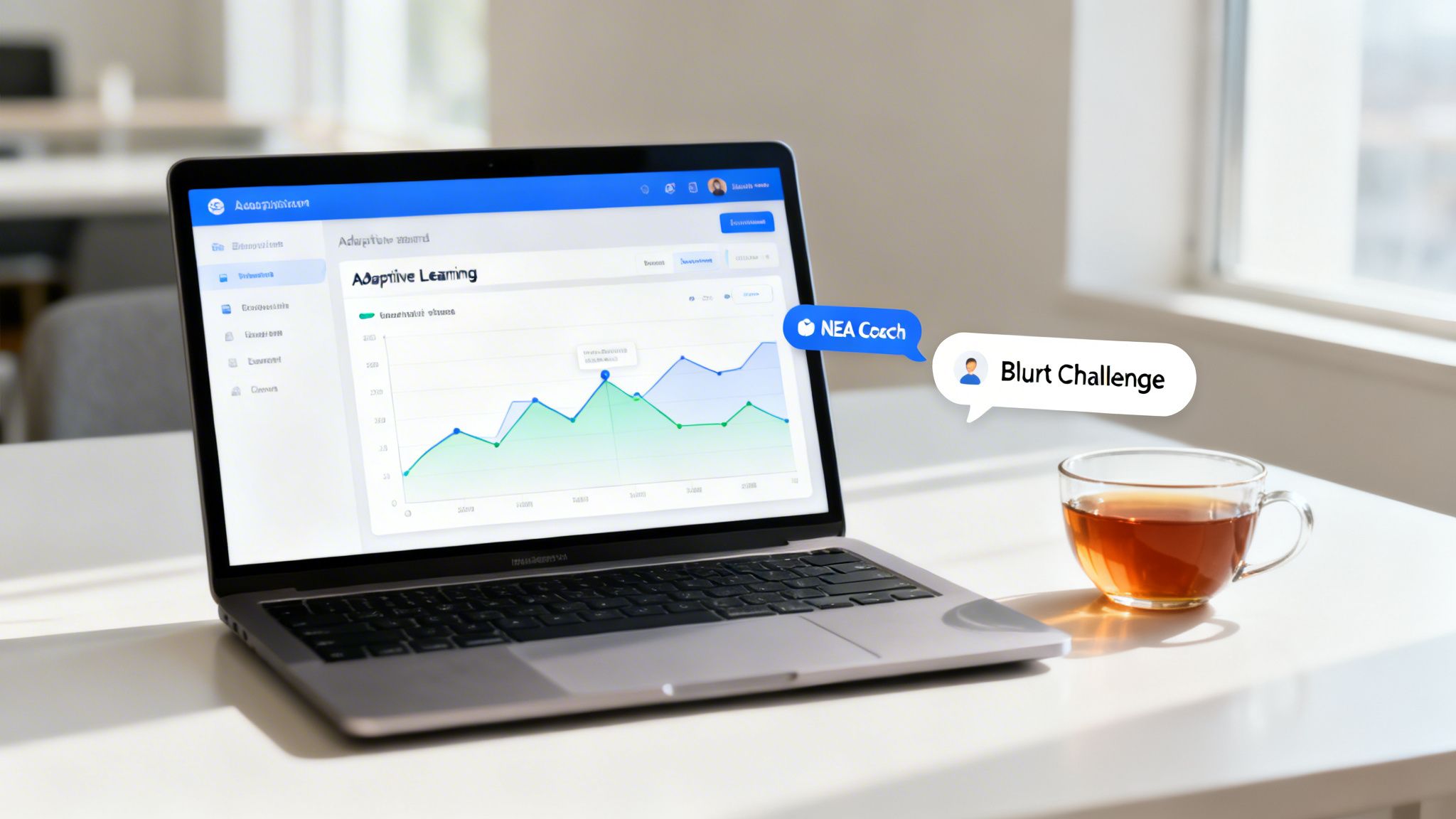 A laptop displays an adaptive learning graph and an 'NEA Coach' chat bubble, next to a cup of tea.