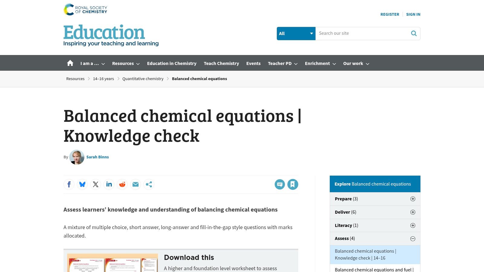 Royal Society of Chemistry (RSC) Education – Balanced chemical equations worksheets
